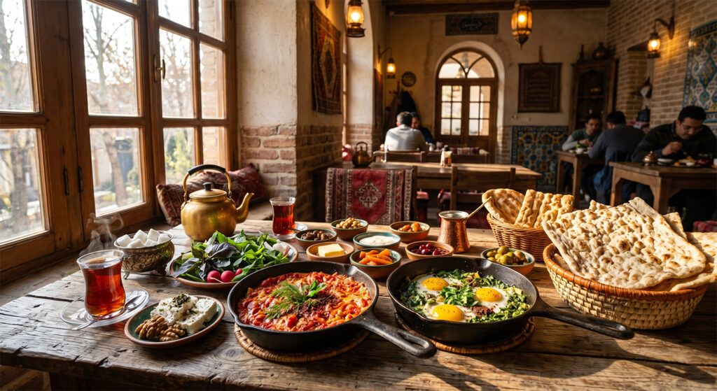 A beautiful table spread highlighting the Persian Omelette vs Nargesi brunch debate.