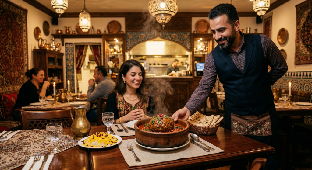 Elegant waiter serving a steaming bowl of Authentic Kufteh Tabrizi in a warmly lit Persian restaurant.