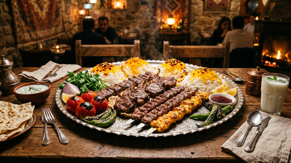 A wide cinematic view of the best Persian Shahi Platter GTA has to offer, featuring premium kebabs and saffron rice.