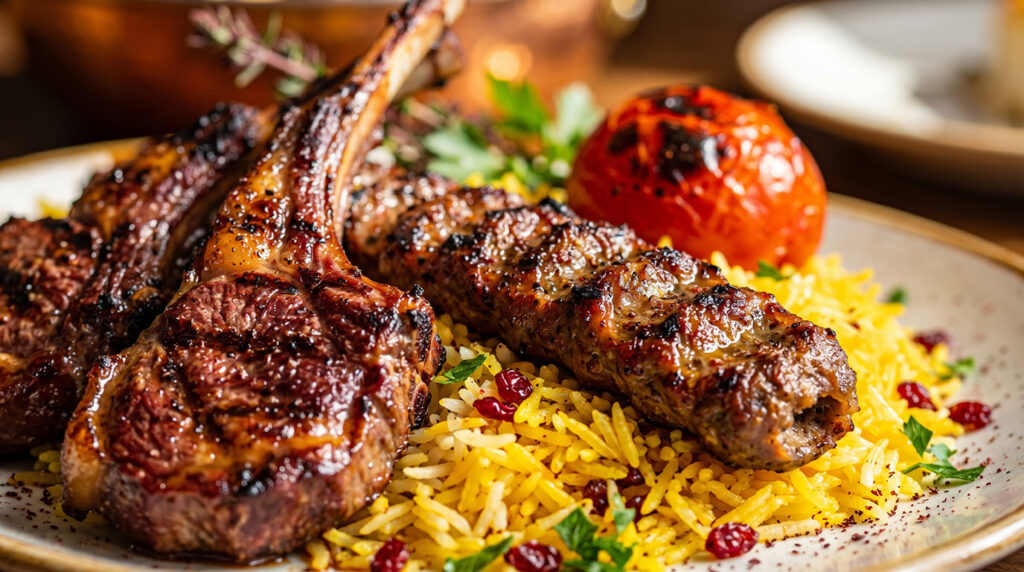 Close-up macro detail of juicy lamb chops and koobideh from our signature Persian platter in Richmond Hill.