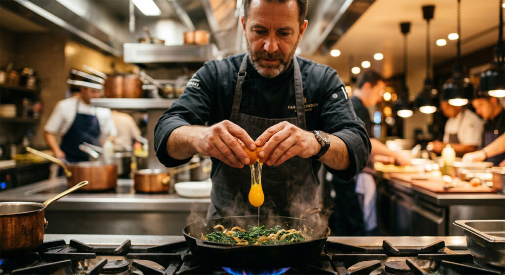 A chef skillfully preparing Nargesi by cracking an egg over sauteed spinach.