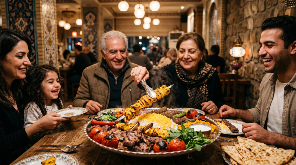 A family happily sharing a massive authentic Persian feast with chicken, beef, and lamb kebabs at Iran Zamin.