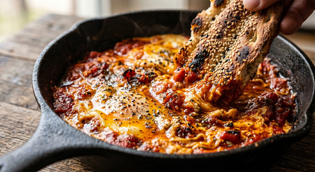 A close-up view of the rich, simmering tomato sauce in a classic Iranian omelette.