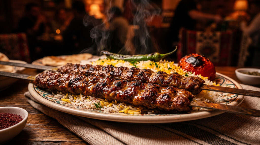 A close-up view of our juicy, Authentic Persian Koobideh Kebab served over golden saffron rice.