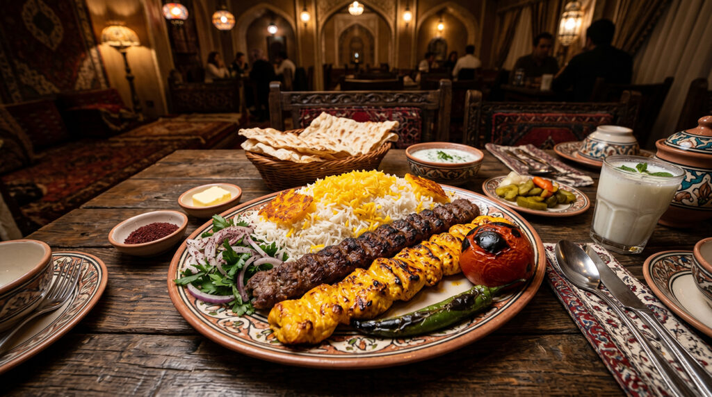 Overhead view of an authentic Vaziri kebab with saffron rice and grilled vegetables at Iran Zamin Restaurant.
