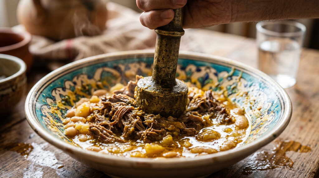 A cinematic close-up of a traditional Goosht Koob mashing slow-cooked lamb and chickpeas for Persian cuisine.
