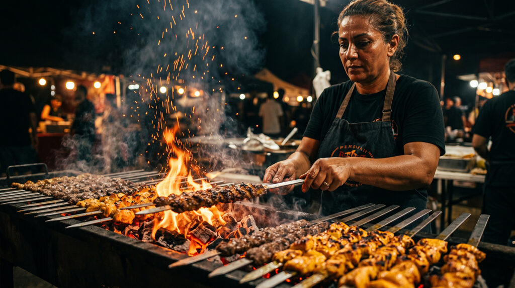 Chef grilling traditional beef koobideh and chicken skewers over a hot charcoal fire.