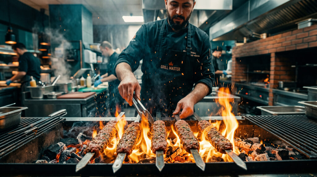 Expert chefs grilling fresh beef skewers over an open flame at Iran Zamin.