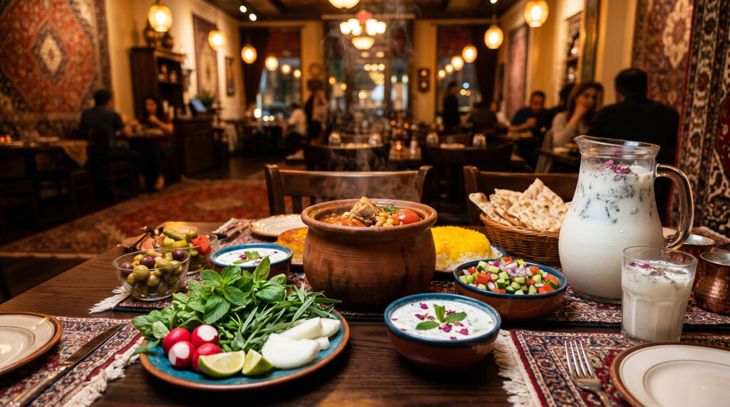 A warm, elegant dining room at Iran Zamin featuring a vibrant spread of Middle Eastern comfort food and sides.
